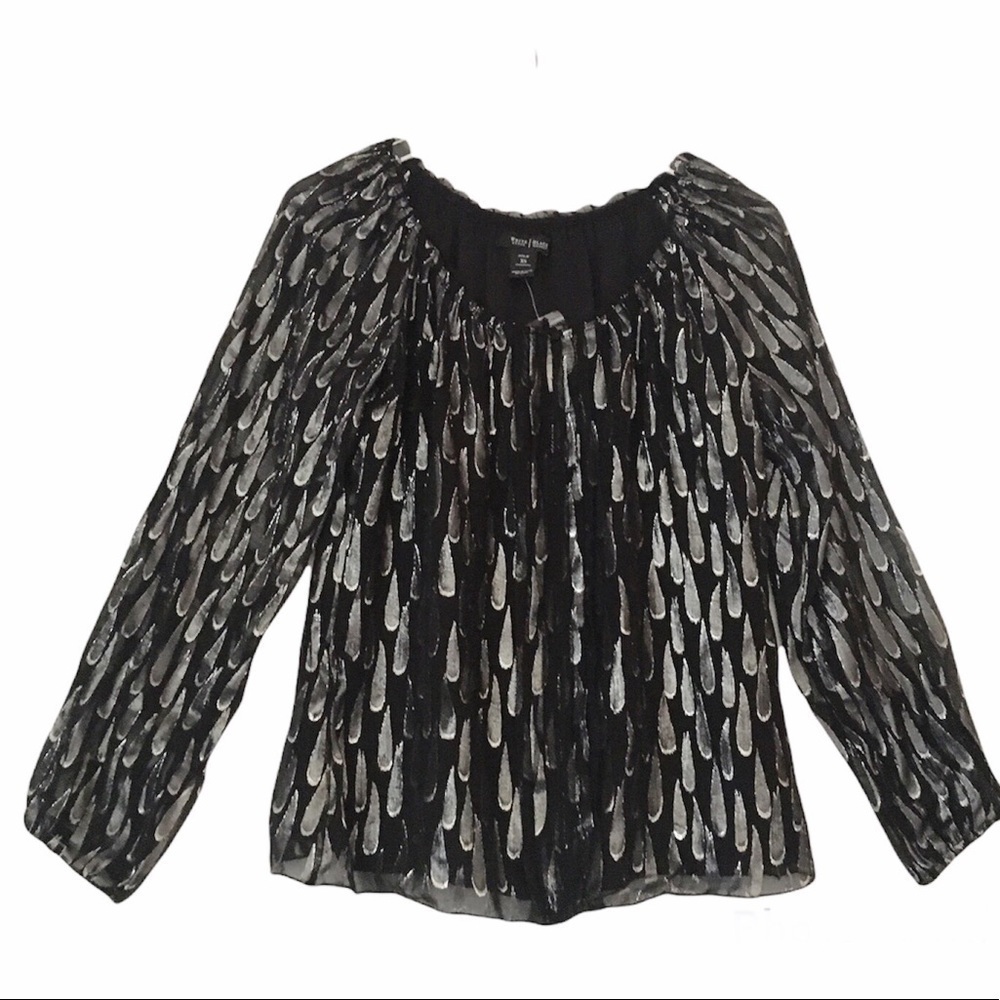 White House Black Market Silver Metallic Teardrop Jacquard Silk Blend Blouse XS